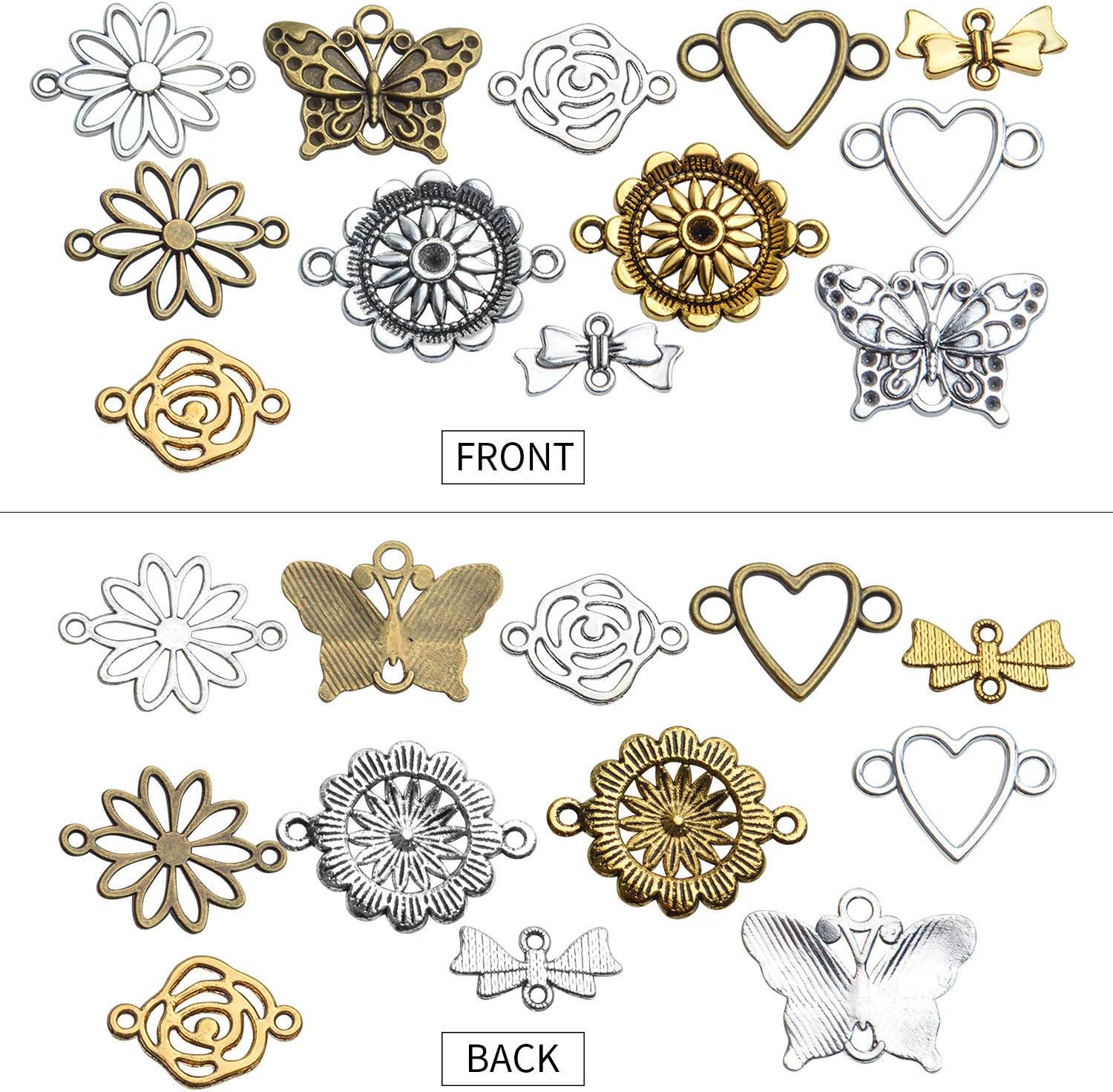 60 piezas de suministros de manualidades con forma de corazón y flores, dijes de eslabones con 2 agujeros para pulseras y joyería, 6 estilos, Plata,