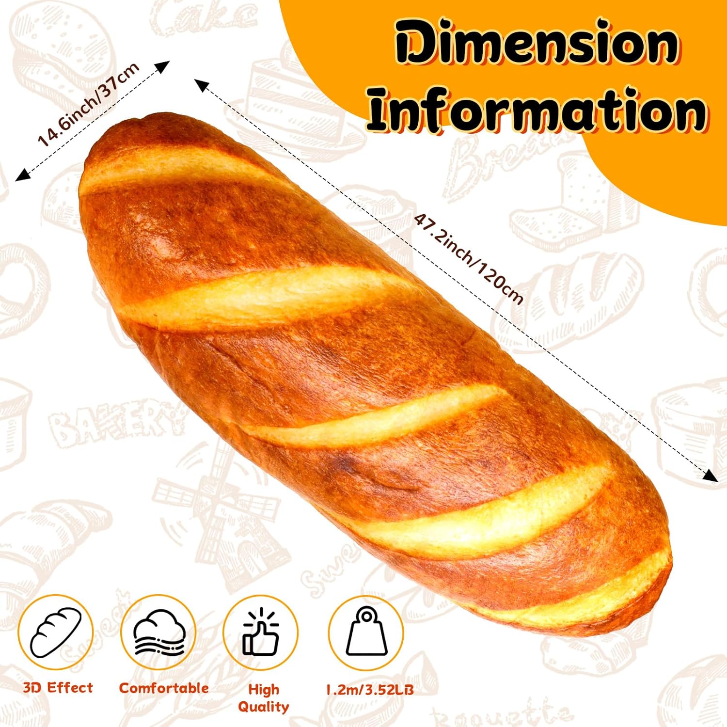 AUECOOME Almohada de pan gigante de 48 pulgadas, almohada de felpa de pan de simulación 3D, almohada de cuerpo divertida para el cuerpo, juguetes de