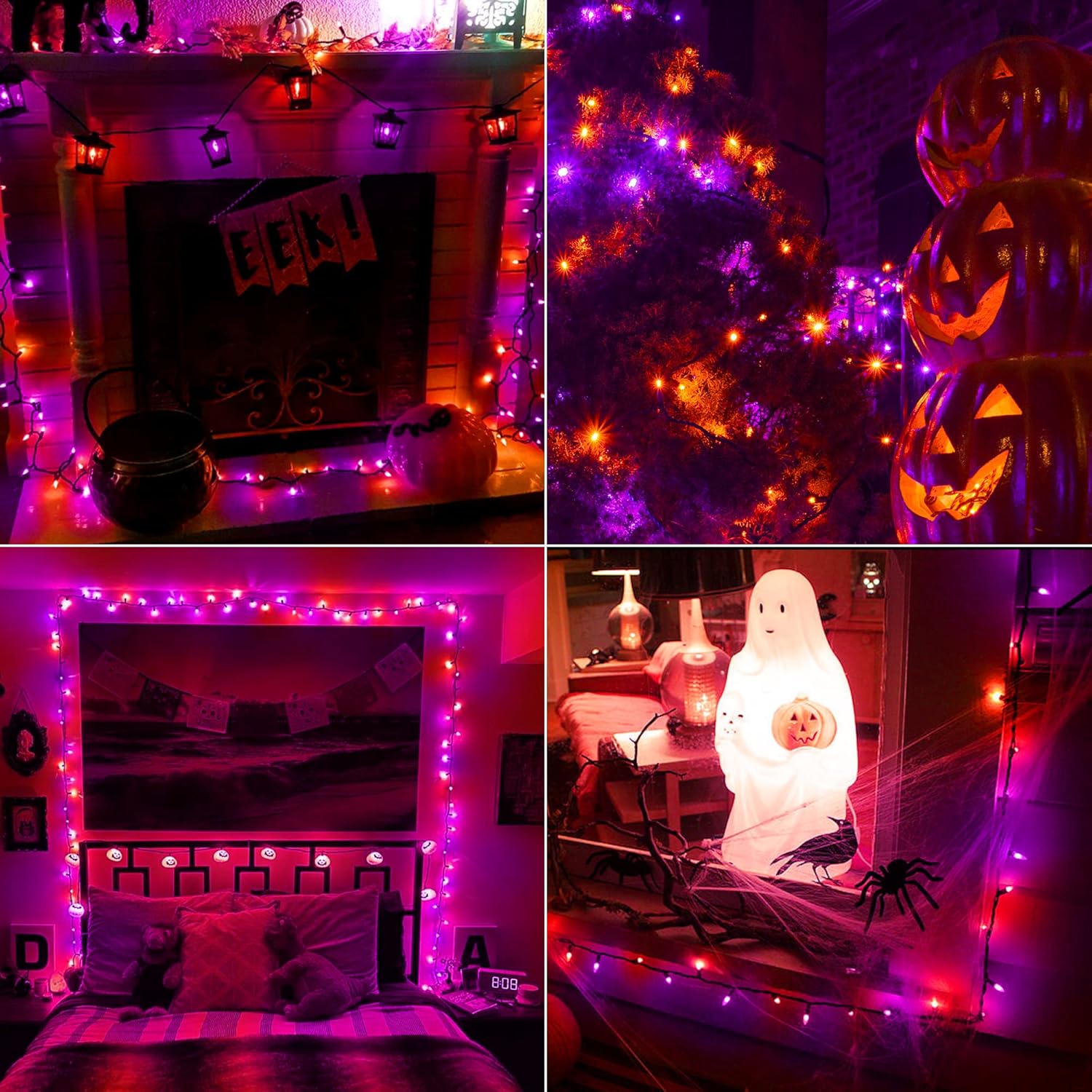 BrizLabs Luces de Halloween naranjas y moradas, 33 pies, 100 luces LED de Halloween, 8 modos de luces naranja y morado con temporizador, mini cadena