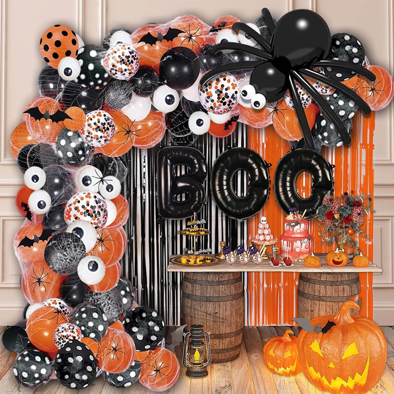 116 globos de fiesta de Halloween, kit de guirnalda de arco de globos de Halloween, globos de confeti negro naranja, cortina de flecos de aluminio