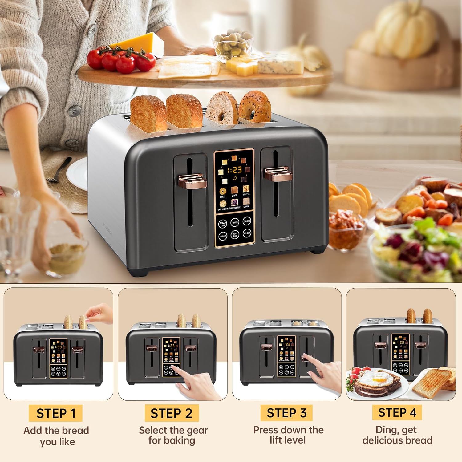 SEEDEEM Tostadora de 4 rebanadas, pantalla LCD de acero inoxidable y botón táctil, 6 selección de pan, 7 ajustes de sombra, tostadora de ranuras de