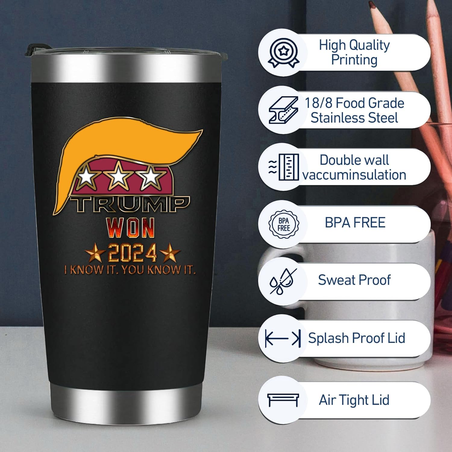 tump won – Vaso aislado de acero inoxidable con tapa, 20 onzas, taza de café de viaje, regalos novedosos