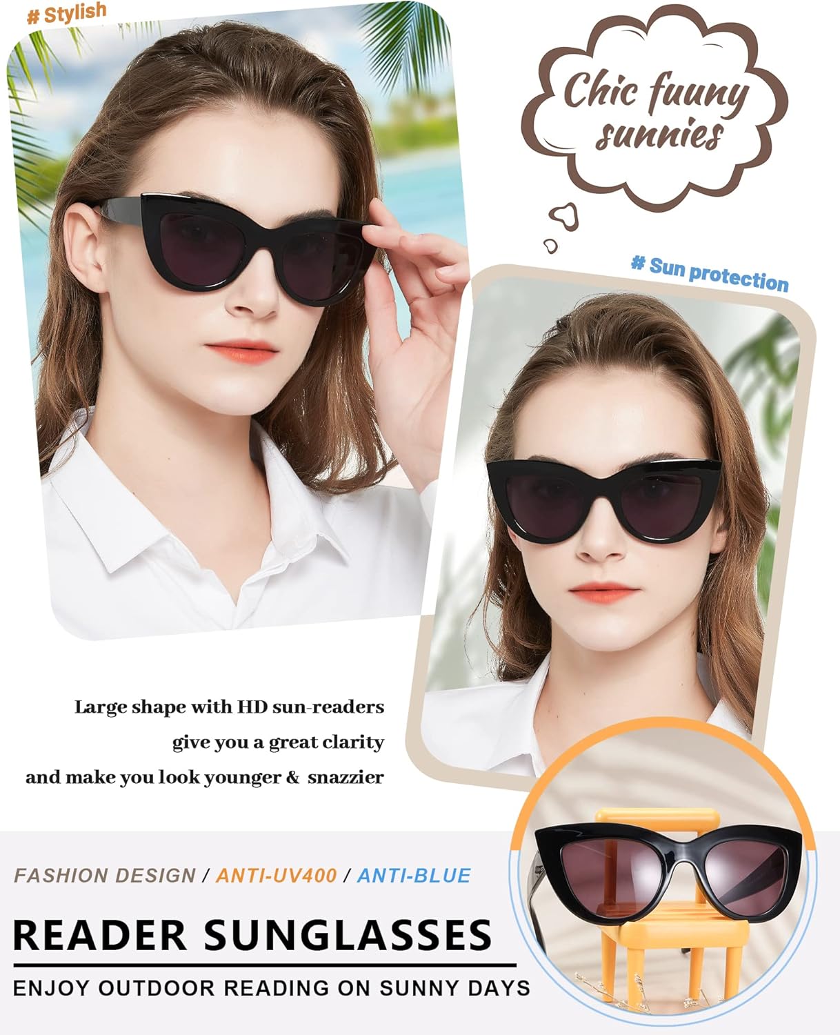 MARE AZZURO Gafas de sol con lector de ojos de gato 3.00+ lentes de lectura solar para mujer 1.0 1.25 1.5 1.75 2.0 2.25 2.5 2.75 3.0 3.5 4.0 (negro,