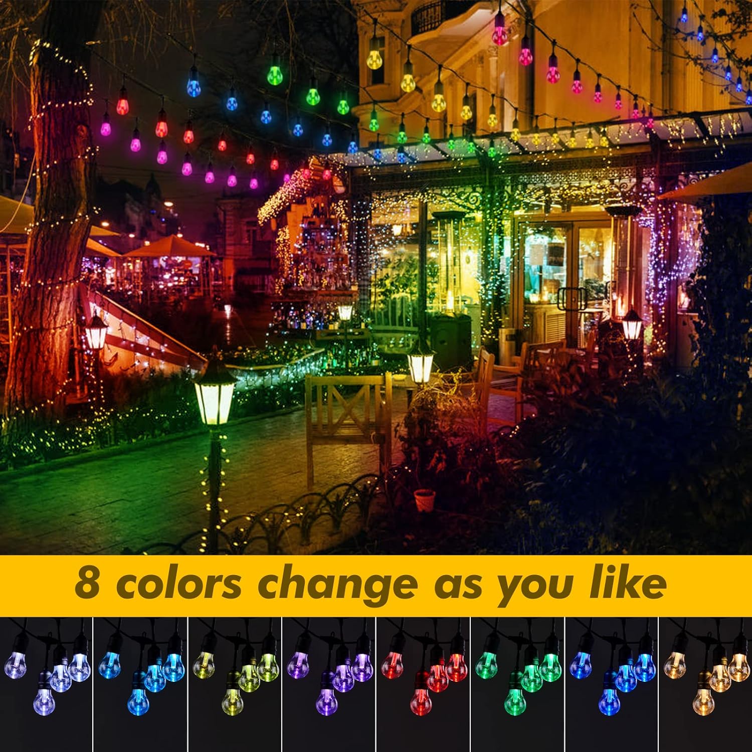 Luces solares multicolores, tira de luces de patio al aire libre regulable de 96 pies con bombillas Edison inastillables, control remoto, luces