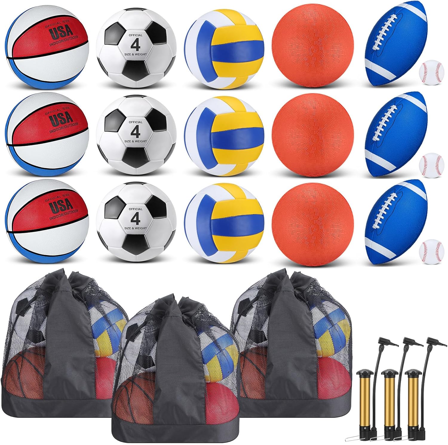 Juego de 18 pelotas deportivas para niños y adolescentes, tamaño oficial, baloncesto, fútbol, voleibol, fútbol, parque infantil, béisbol, equipo
