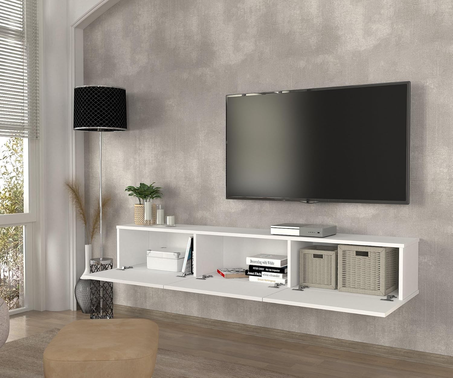 DORPEK Picasso – Soporte de TV flotante para televisores de hasta 78 pulgadas, armario de TV montado en la pared con 2 cajones, mueble de pared para