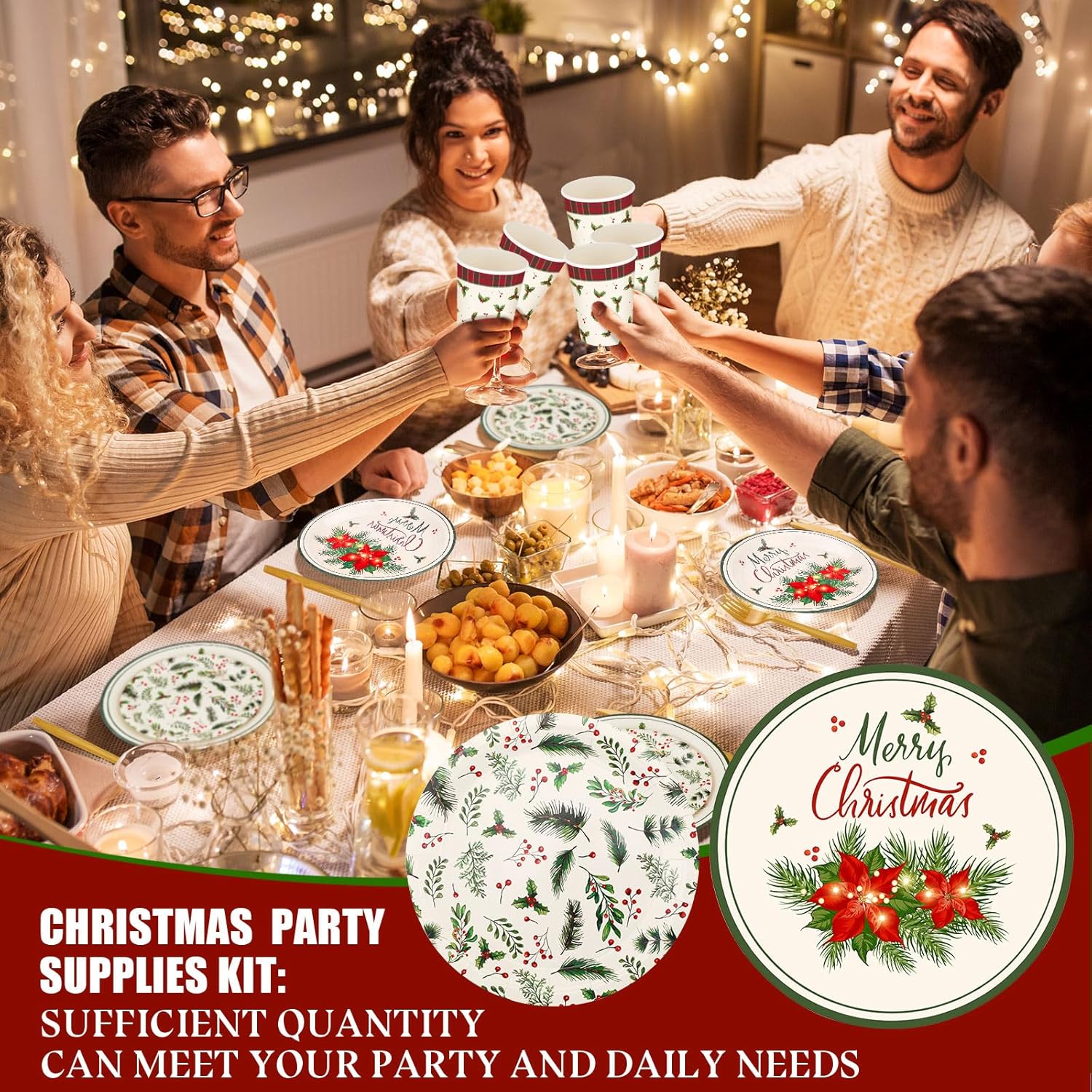Suttmin Juego de vajilla desechable de 350 piezas de Navidad, sirve 50, platos de papel de Feliz Navidad, servilletas Joy to the World, servilletas