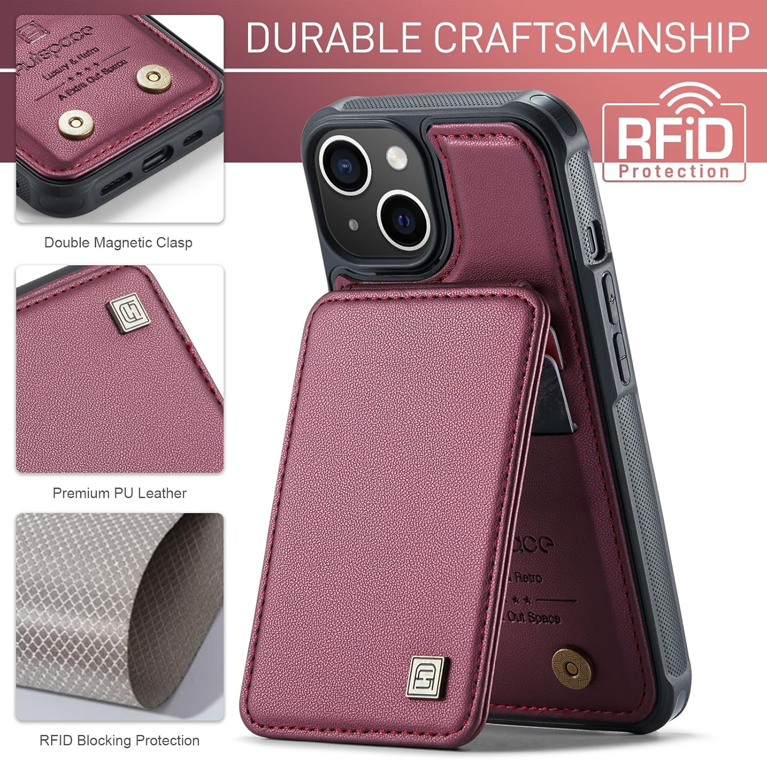 ASAPDOS Funda para iPhone 15 Series con tarjetero, Rosa Rojo