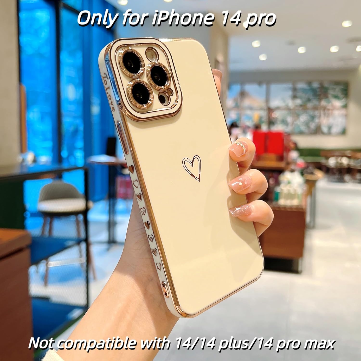 Funda compatible con iPhone 14 Pro para mujeres y niñas, diseño estético, lindo, de lujo, moderno, de corazón dorado, delgada, de silicona, a prueba