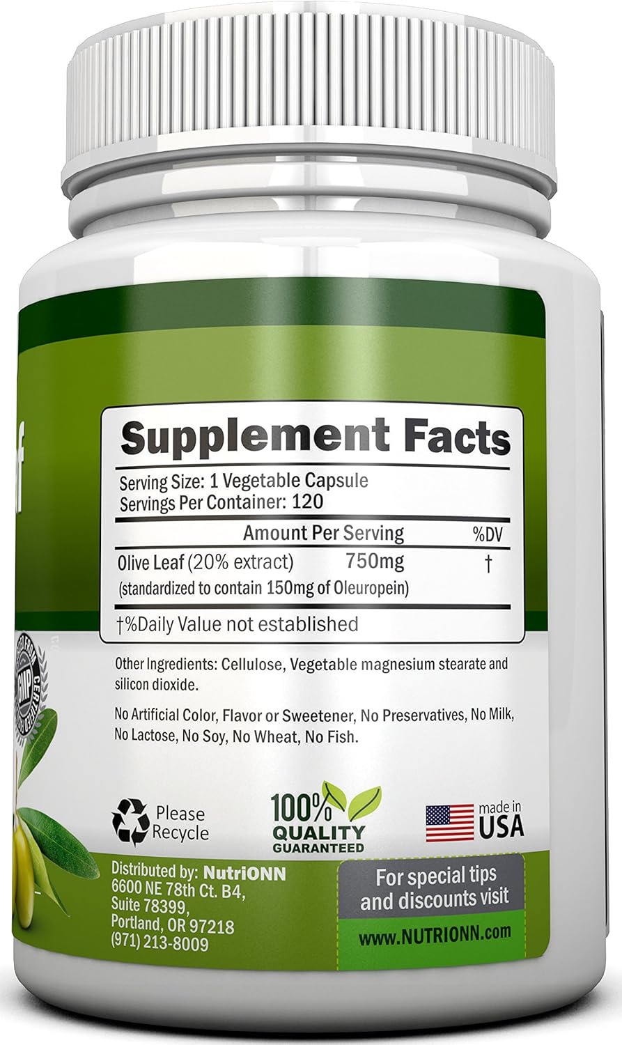 Extracto de hoja de olivo  750 mg  120 cápsulas  Extra fuerte  20% oleuropeína  Fórmula sin OMG  Calidad premium de hojas de olivo puro  Potente