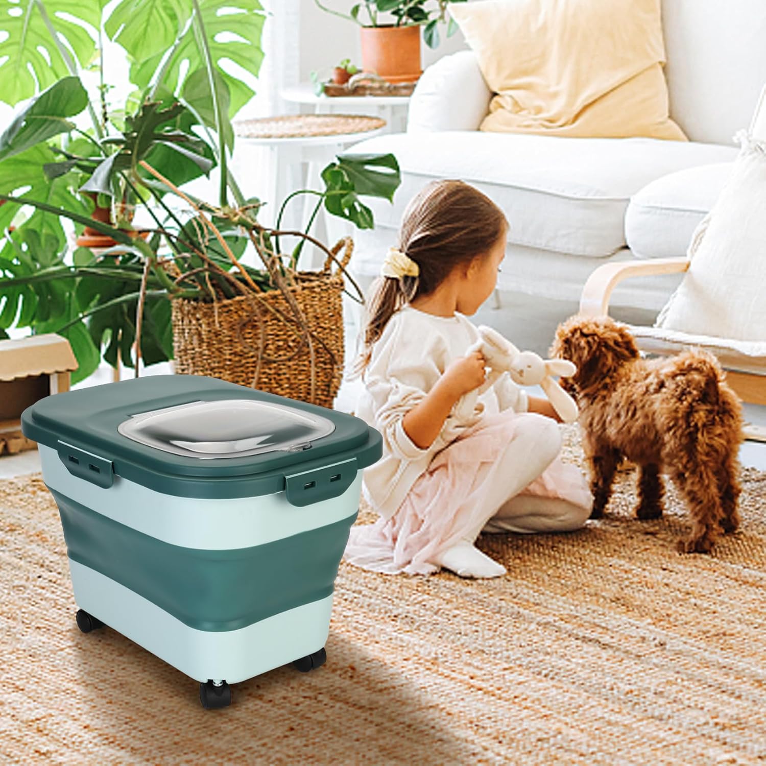 ShineMe Contenedores de almacenamiento de alimentos para mascotas de 20 libras, contenedor plegable de comida para perros con tapa hermética, taza