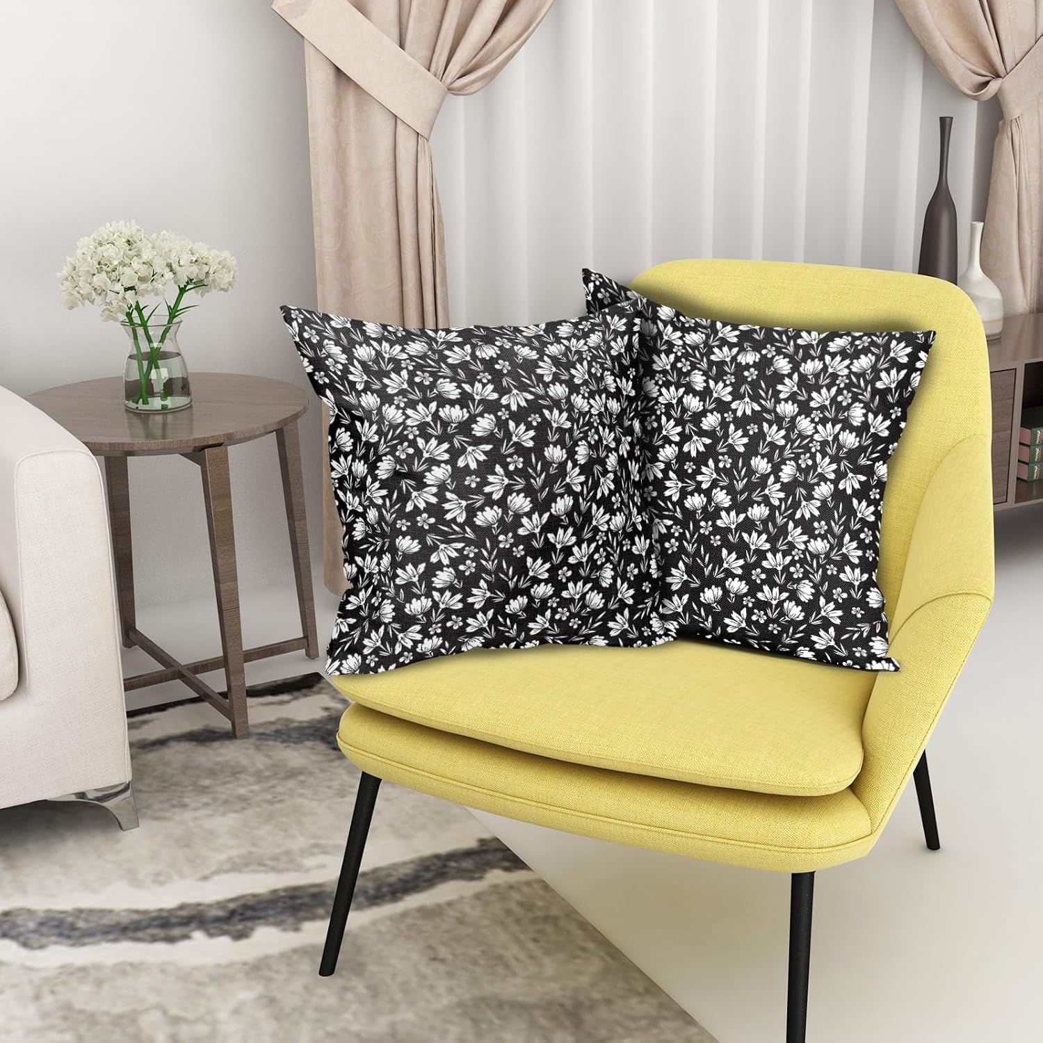 Juego de 2 fundas de almohada florales en blanco y negro de 20 x 20 pulgadas con estampado de bloques de flores vintage, margaritas de algodón y