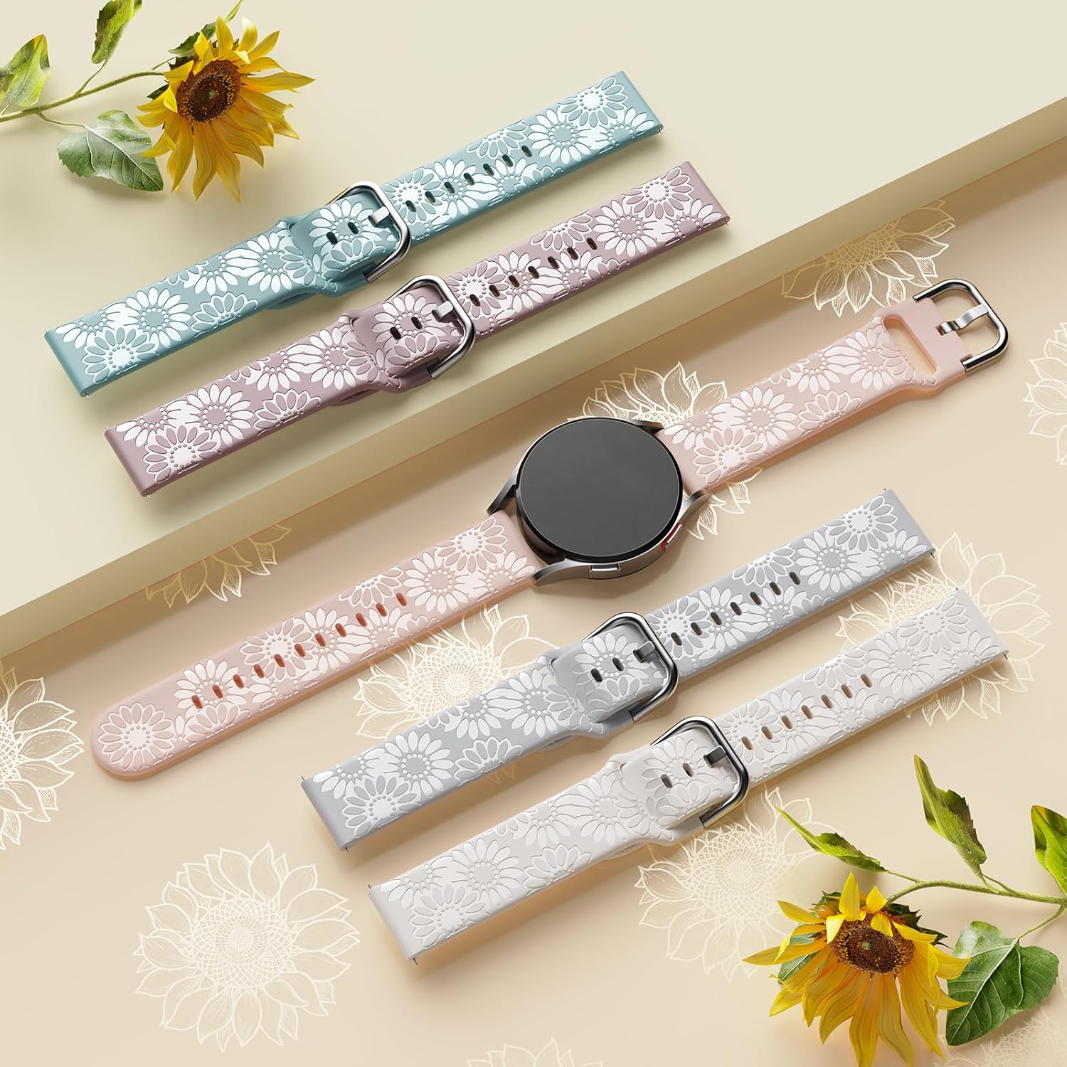 Correa grabada de girasol compatible con Samsung Galaxy Watch 6 5 4 1.575 in 1.732 in5 Pro 1.772 inWatch 6 4 Classic 1.693 in 1.850 in 1.654 in