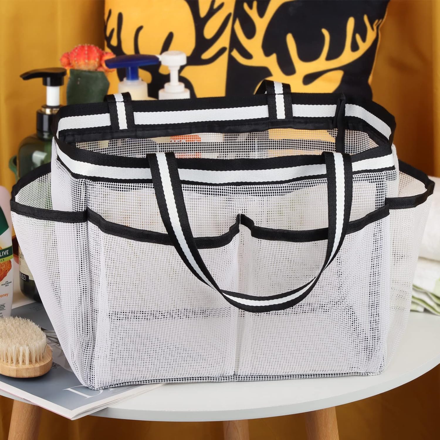 Bolsa de malla XL para ducha, grande, portátil, para dormitorio, gimnasio, campamento, baño, color blanco
