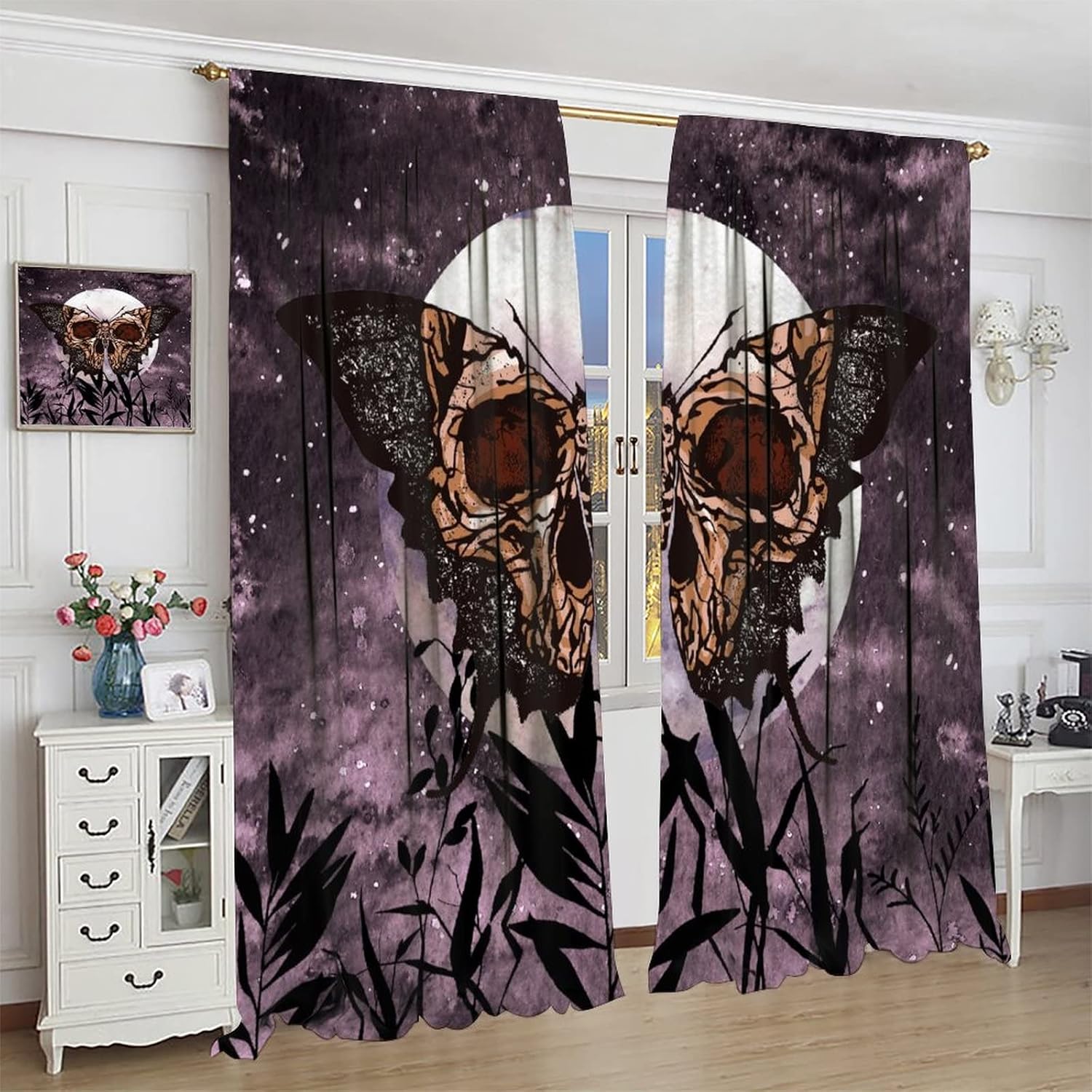 Cortinas de polilla de la muerte, cortinas bohemias góticas de calavera, fantástica decoración de fondo de luna llena, plantas estrelladas moradas,