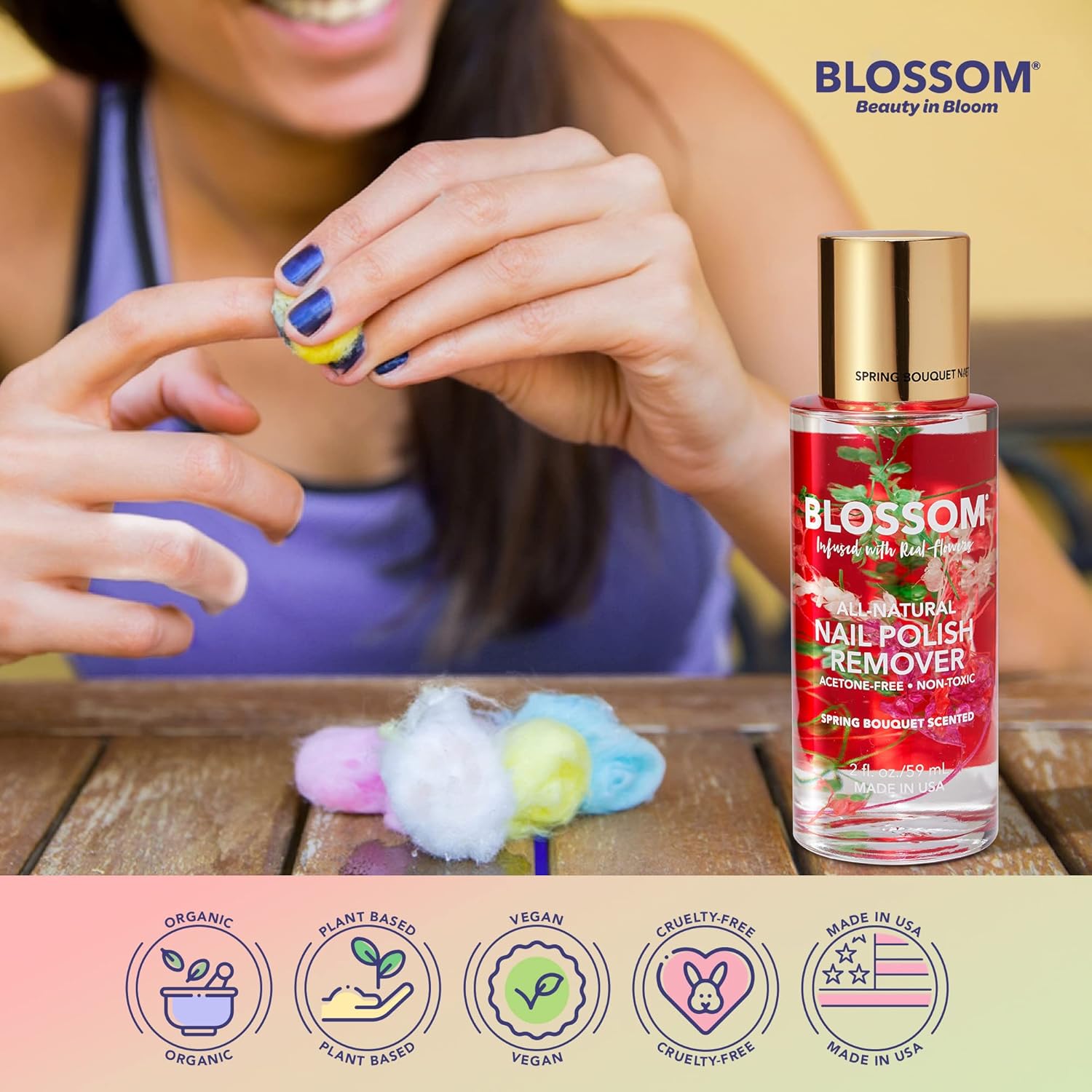 Blossom Todo natural, perfumado, orgánico a base de plantas, vegano, libre de crueldad, removedor de esmalte de uñas sin acetona, infundido con