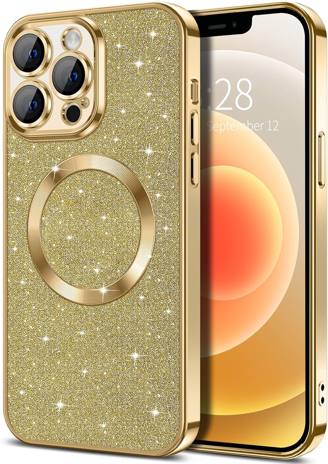 Hython Funda para iPhone 12 Pro Max con purpurina, fundas magnéticas transparentes para teléfono con protector de lente de cámara compatible con