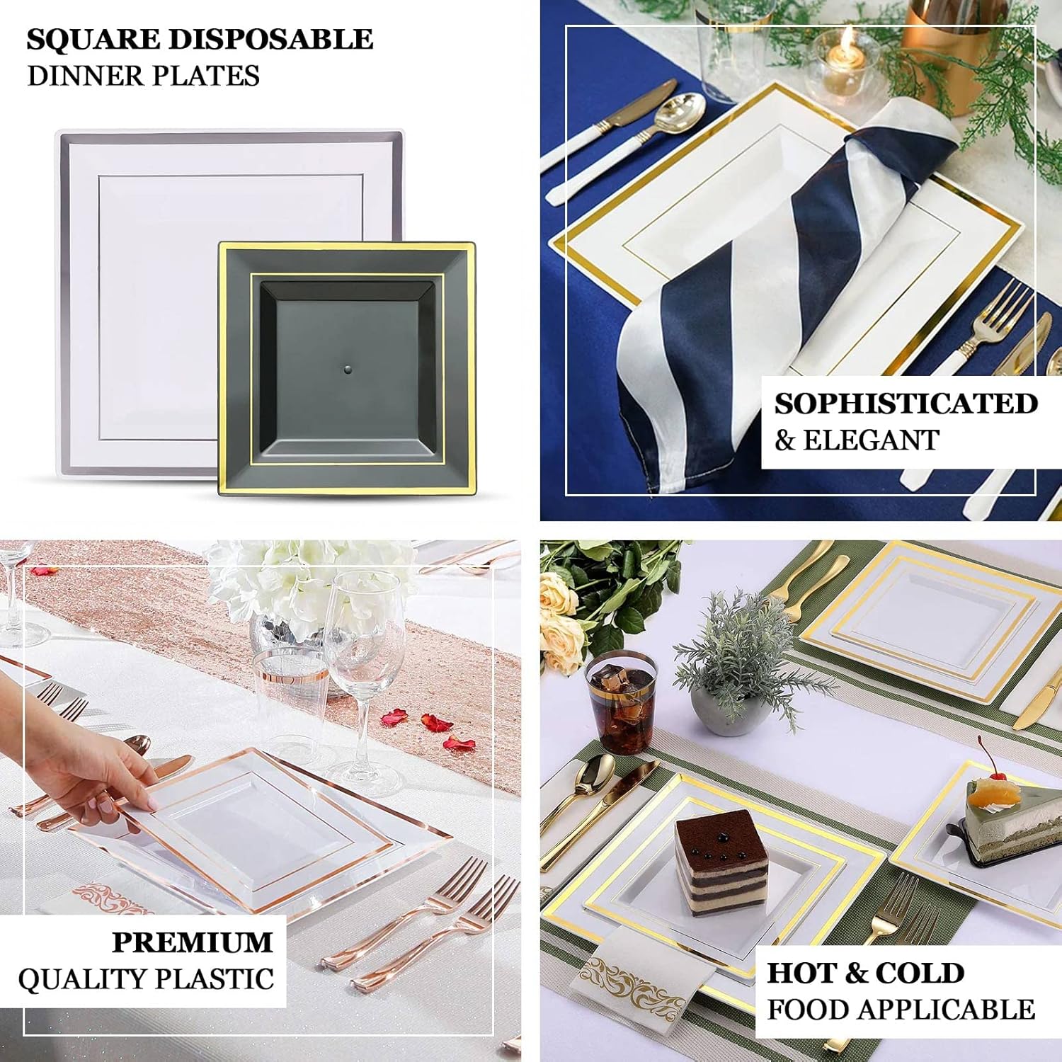 Efavormart – Paquete de 10 platos cuadrados desechables de plástico de 10 pulgadas con borde dorado brillante para bodas, cumpleaños, fiestas,