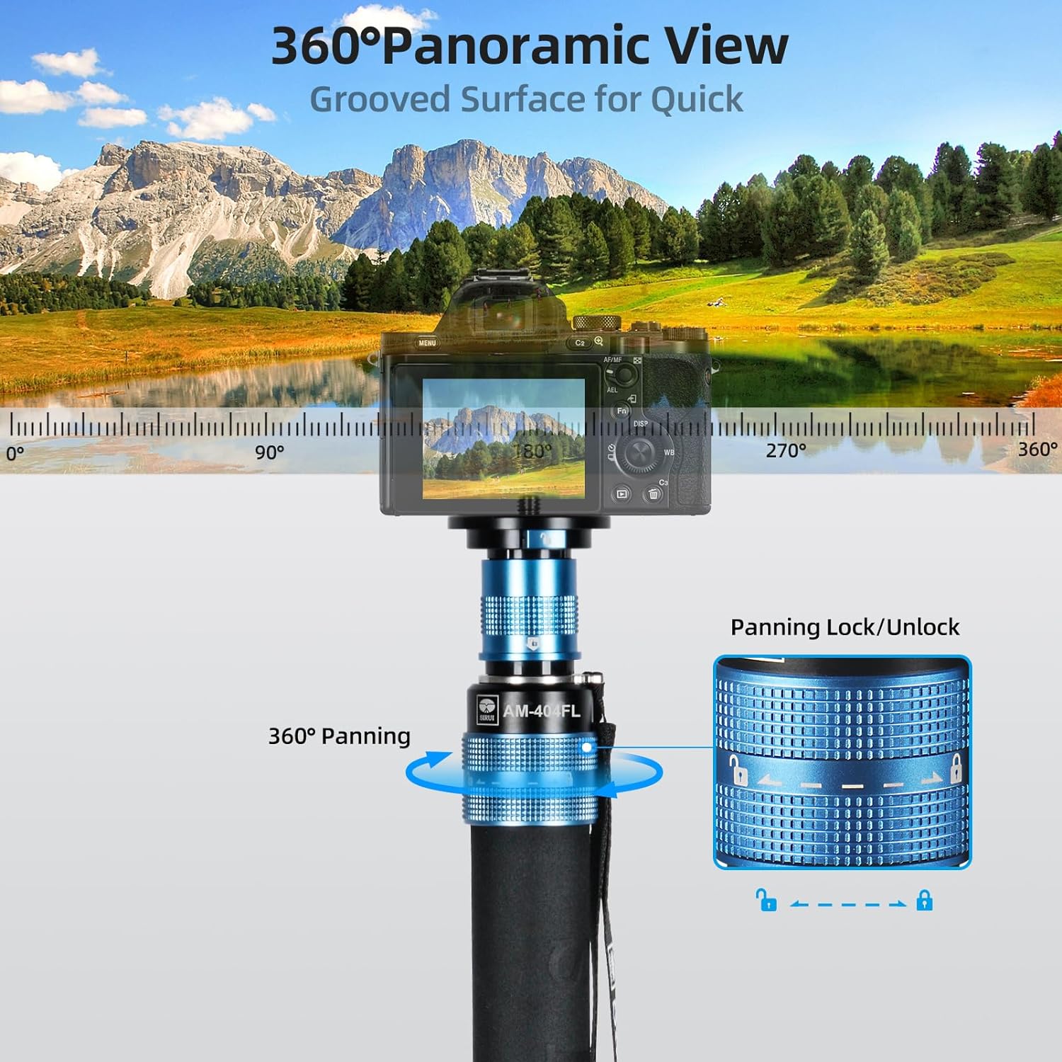 SIRUI AM-404FL Monopod para cámara con pies, monopie de video de viaje de aluminio de 74.8 pulgadas con base extraíble, delgado y ligero, carga