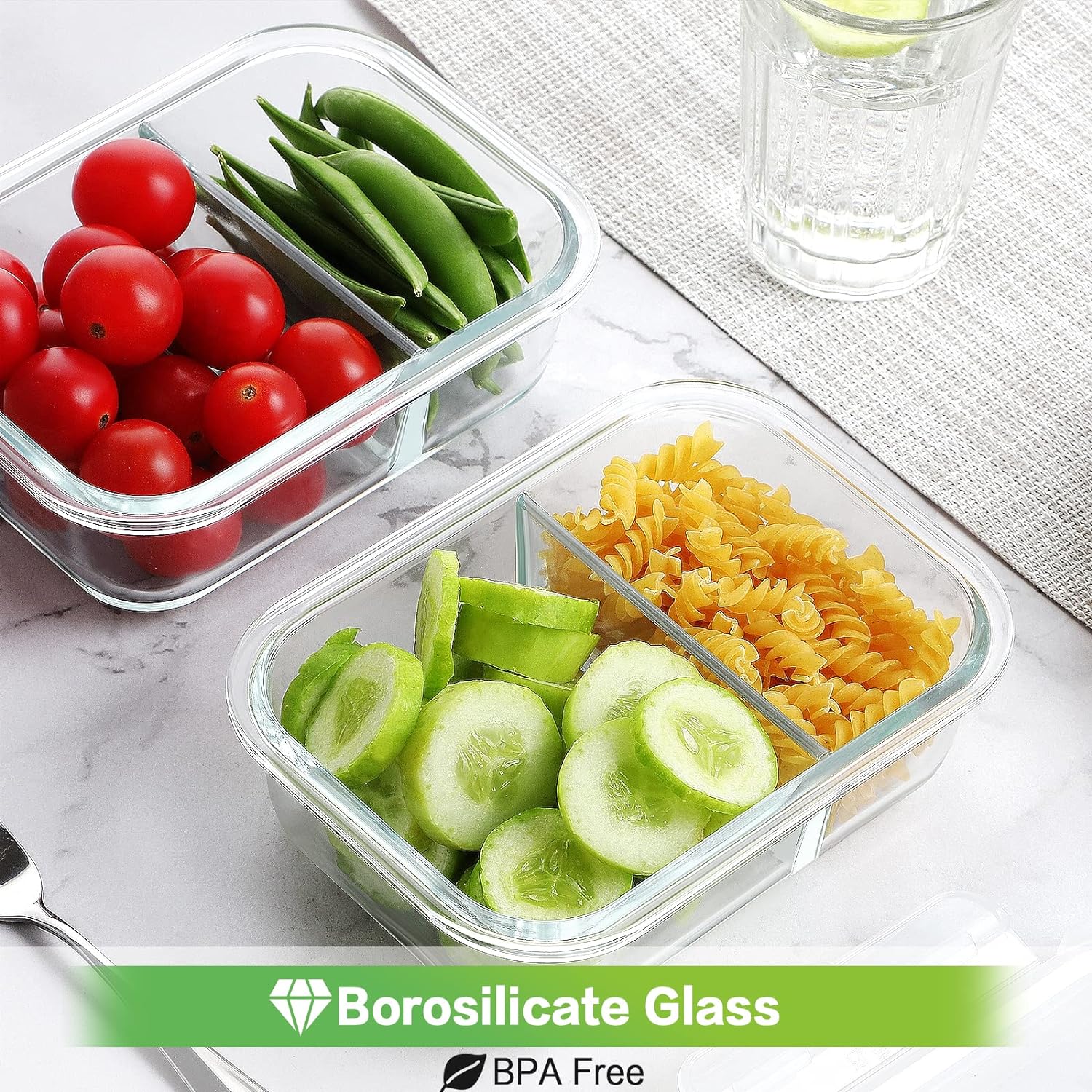 Paquete de 10 recipientes de vidrio para preparación de comidas, 2 compartimentos, recipientes de vidrio para almacenamiento de alimentos con tapas,