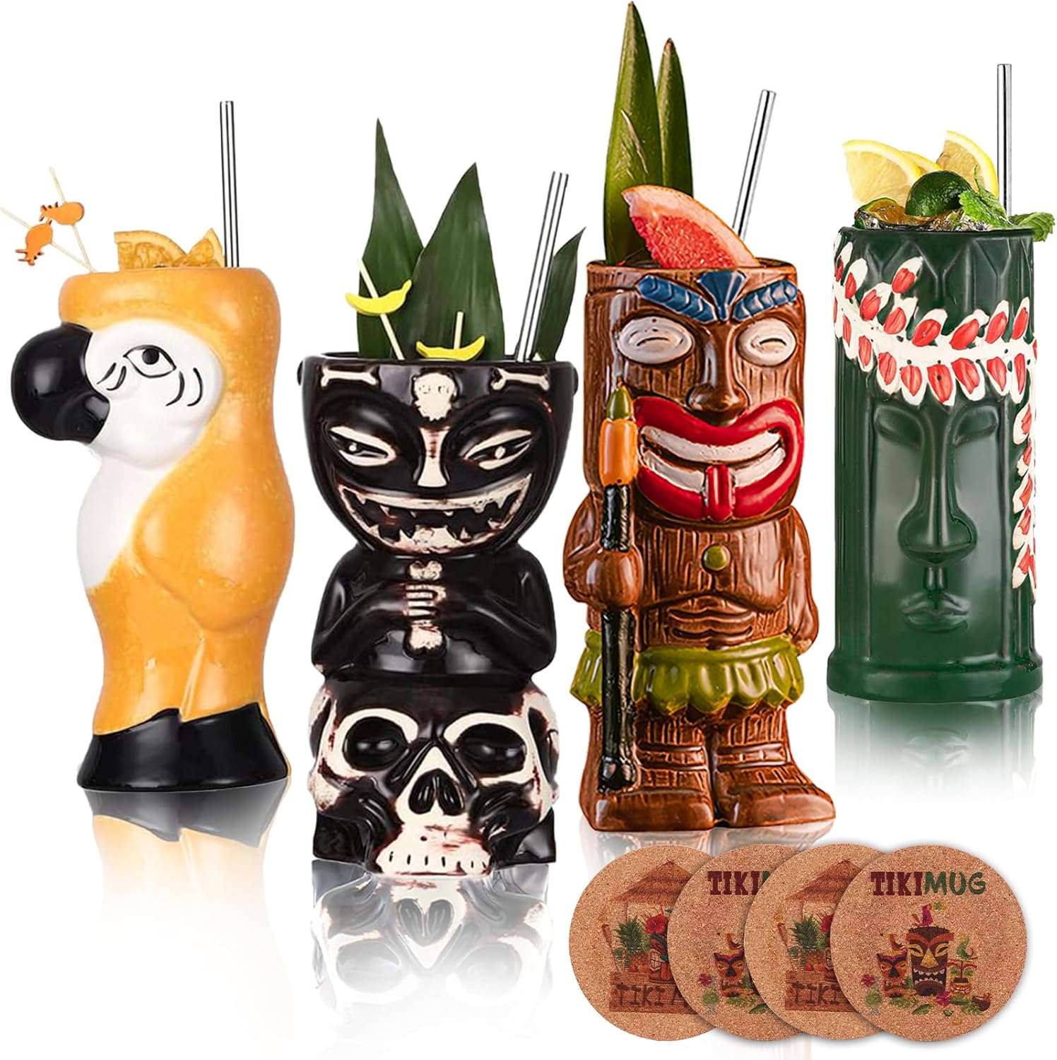 Juego de 4 tazas Tiki para cóctel, vasos Tiki de cerámica con pajitas y posavasos. Vasos de cóctel exóticos para fiesta hawaiana, vasos tropicales