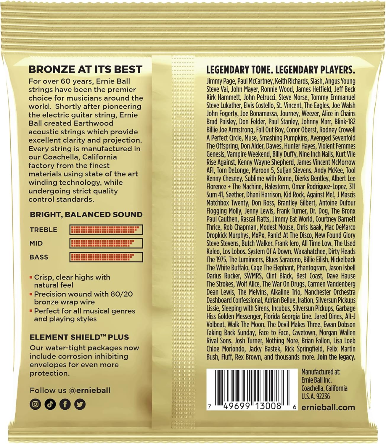 Ernie Ball – Cuerdas personalizadas para guitarra acústica Earthwood Rock & Blues de bronce 8020, paquete de 3, calibre 10-52 (P03008)