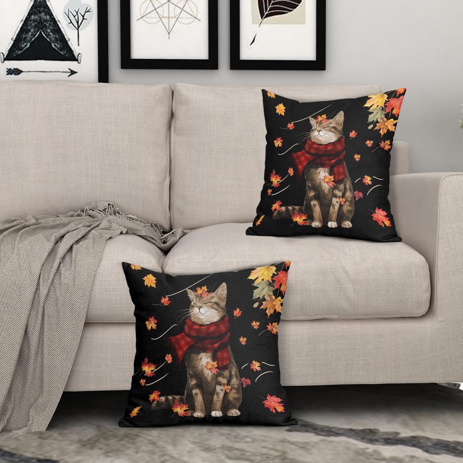 Juego de 2 fundas de almohada de gato de otoño de 16 x 16 pulgadas, diseño de hojas de arce con fondo negro, fundas de almohada decorativas para