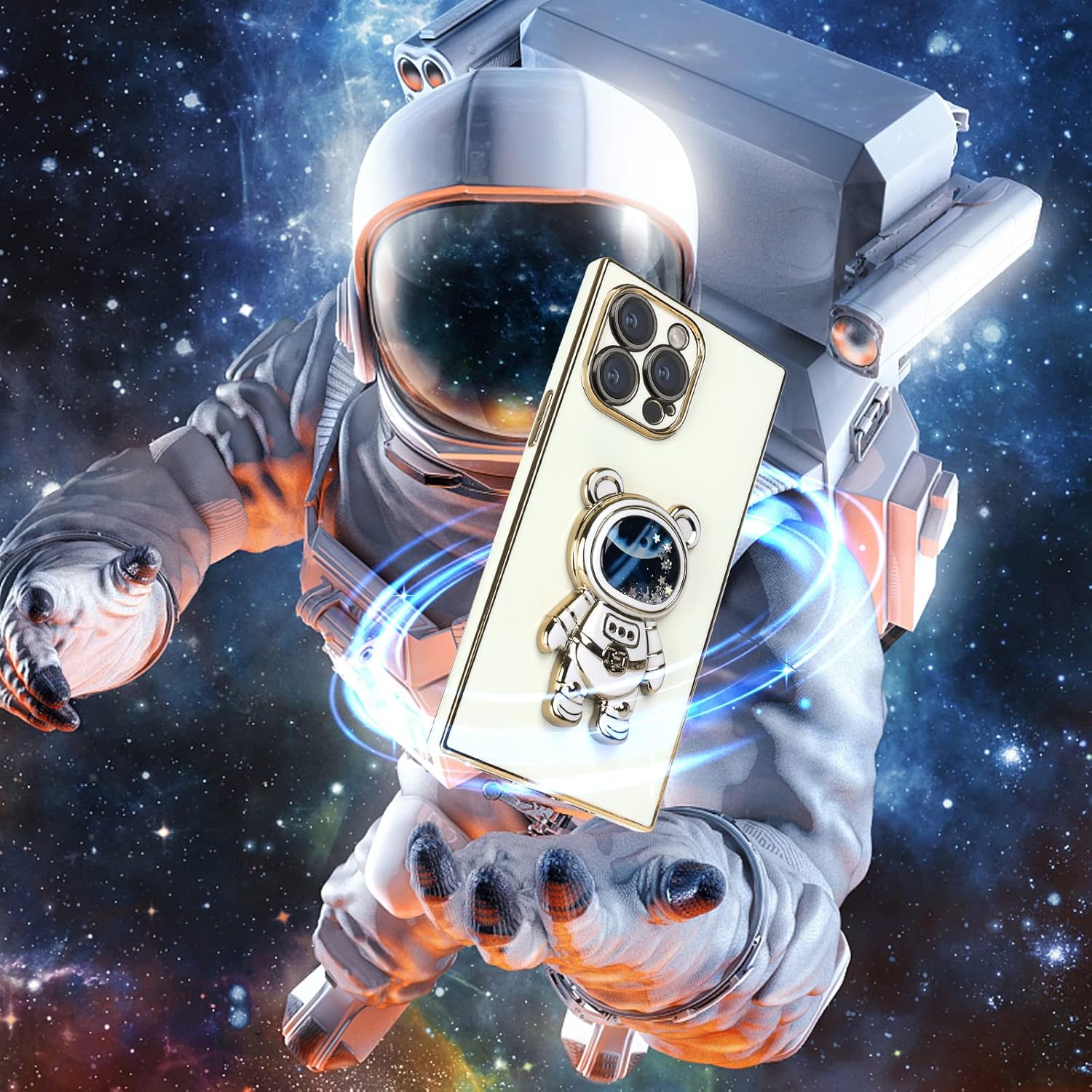 Omio – Funda cuadrada compatible con iPhone 15 Pro Max con soporte oculto de astronauta, funda de lujo chapada en corazón para mujeres y niñas,
