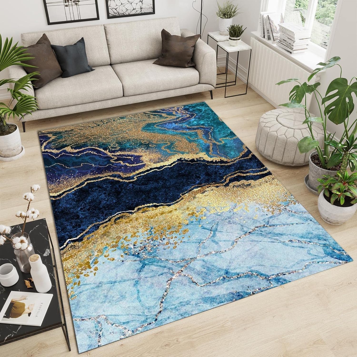 Alfombra de área con textura de mármol degradado azul marino, dorado, moderno, abstracto, cartucho, dorado, para interiores, con respaldo
