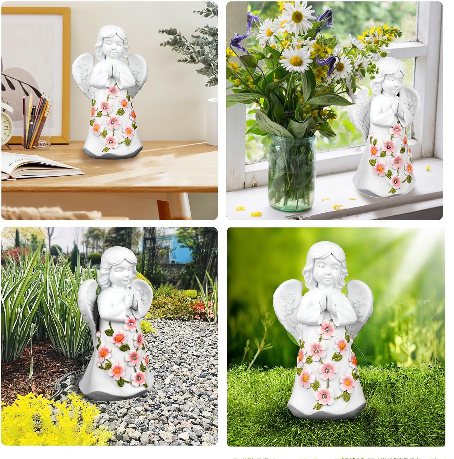 CrazyQueen Estatuas de ángulo para exteriores, decoración solar de jardín con luz, luz de ángel de la guarda, piedras conmemorativas para patio,