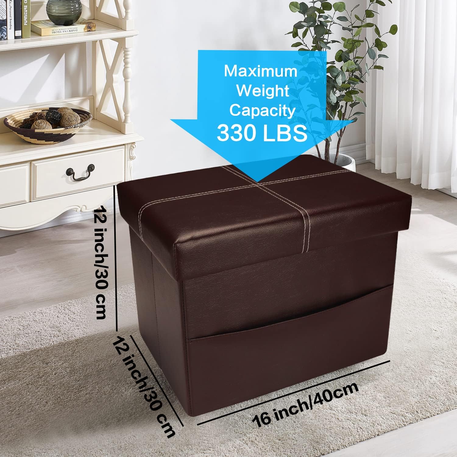 AmasSmile Otomana plegable de almacenamiento con bolsillo lateral, reposapiés, reposapiés, otomana de cuero negro con almacenamiento para sala de