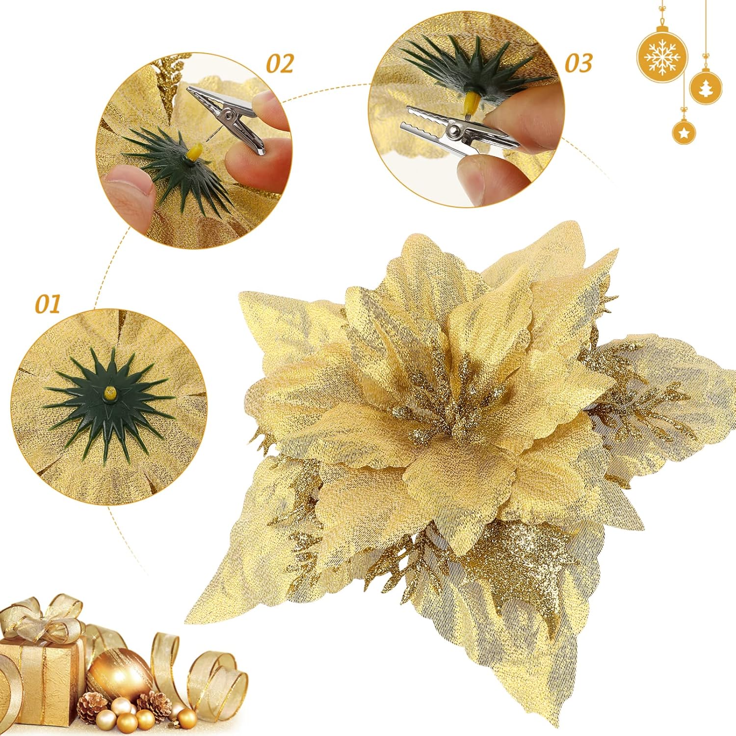 Gadpiparty 12 flores de pascua artificiales con purpurina para Navidad, flores artificiales con purpurina para decoración de árbol con clips y tallo