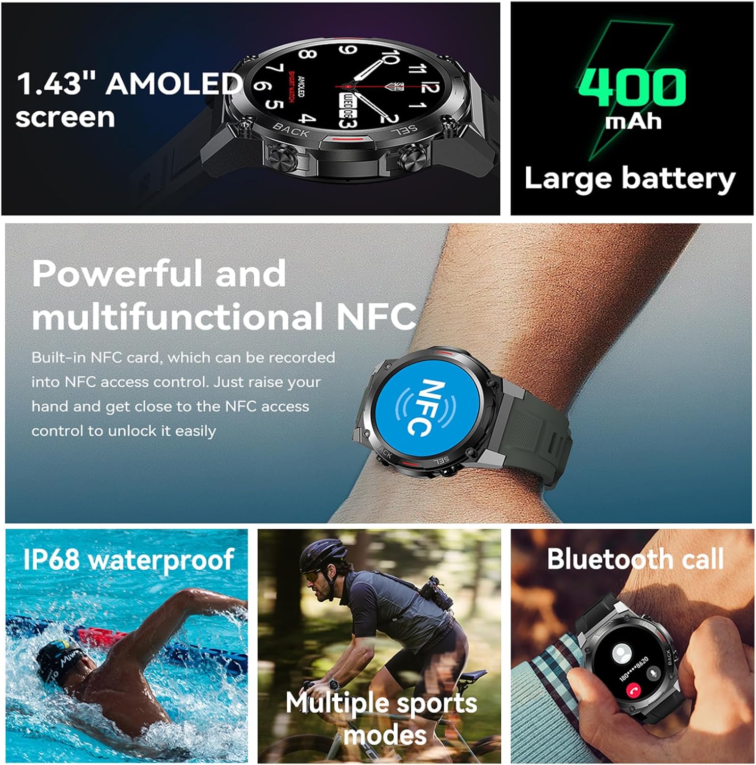 YERAD Gard Pro Ultra 2+ Smartwatch, 1.43 pulgadas AMOLED Militar Smart Relojes para Hombre (RespuestaHacer Llamada), 400mAh IP68 Fitness Tracker con