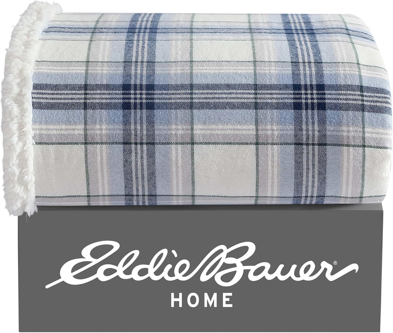 Eddie Bauer Manta decorativa de franela de algodón para el hogar, ropa de cama reversible de sherpa para todas las estaciones, a cuadros, azul