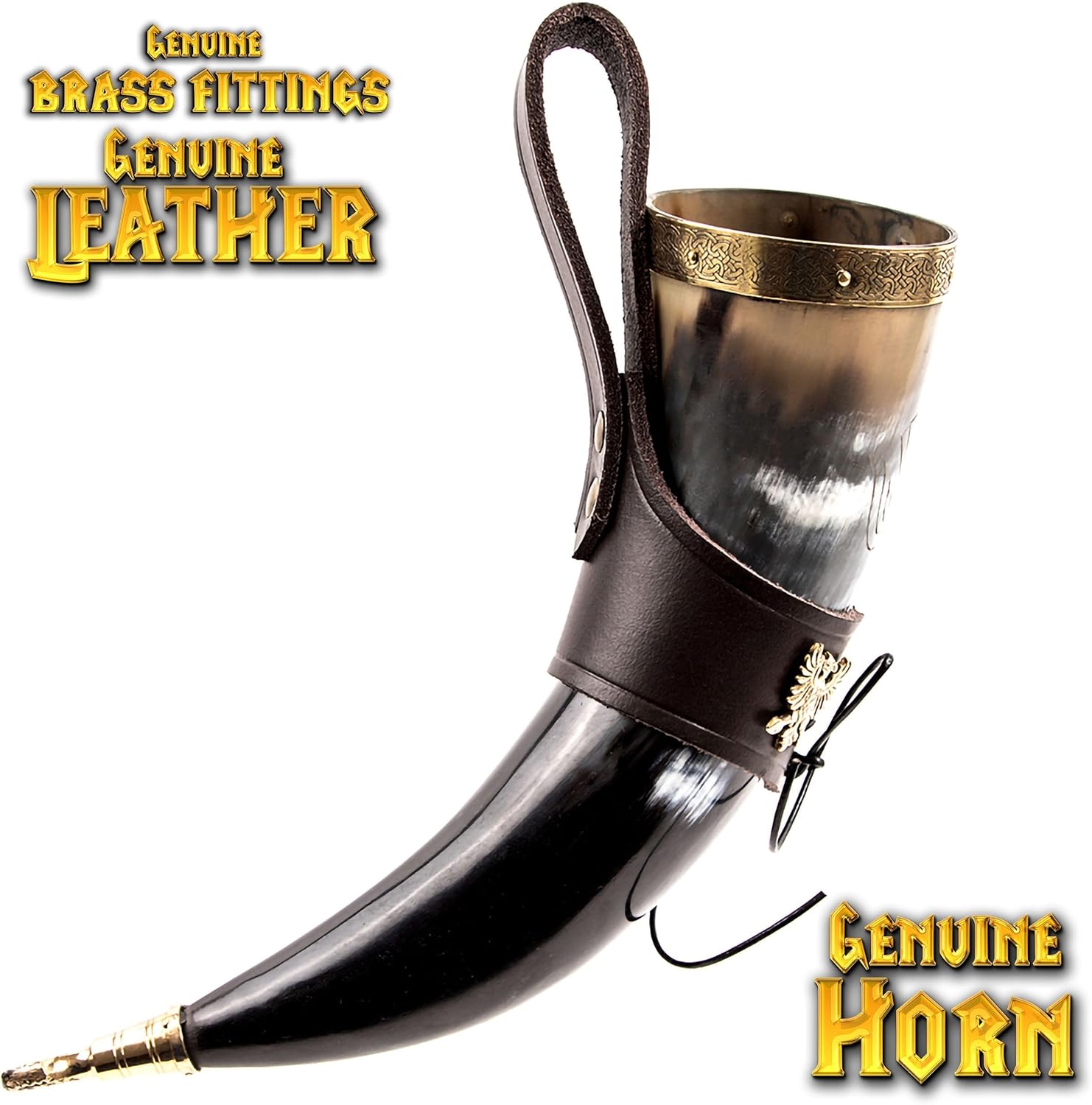 Mythrojan The Bird of Prey – Cuerno vikingo con soporte de cuero marrón, auténtica taza de vino vikingohidromiel inspirada en la Edad Media, acabado