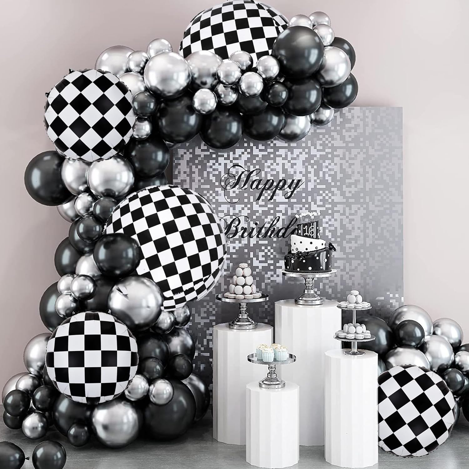 Globos de 22 pulgadas grandes de 360 grados 4D a cuadros en blanco y negro de 18 pulgadas, globos de carreras de 22 pulgadas, globos de papel de