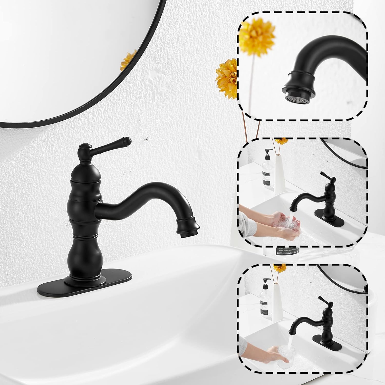 GGStudy – Grifo de baño negro mate giratorio de 360, grifo de tocador de baño de una sola manija, un agujero, grifo de lavabo de baño negro a juego