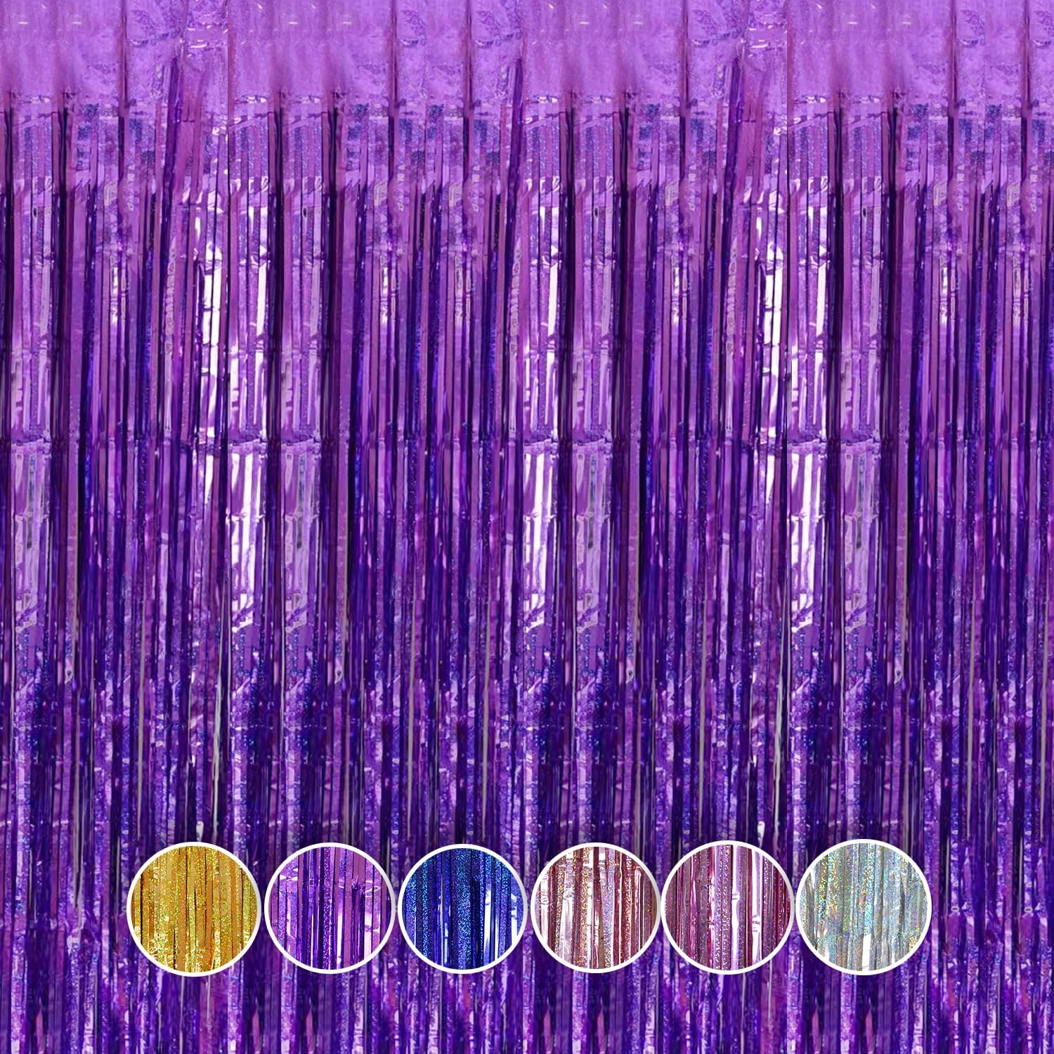 QRabbit Paquete de 4 cortinas de flecos de papel de aluminio morado, serpentinas metálicas de oropel para fiesta, telón de fondo brillante para