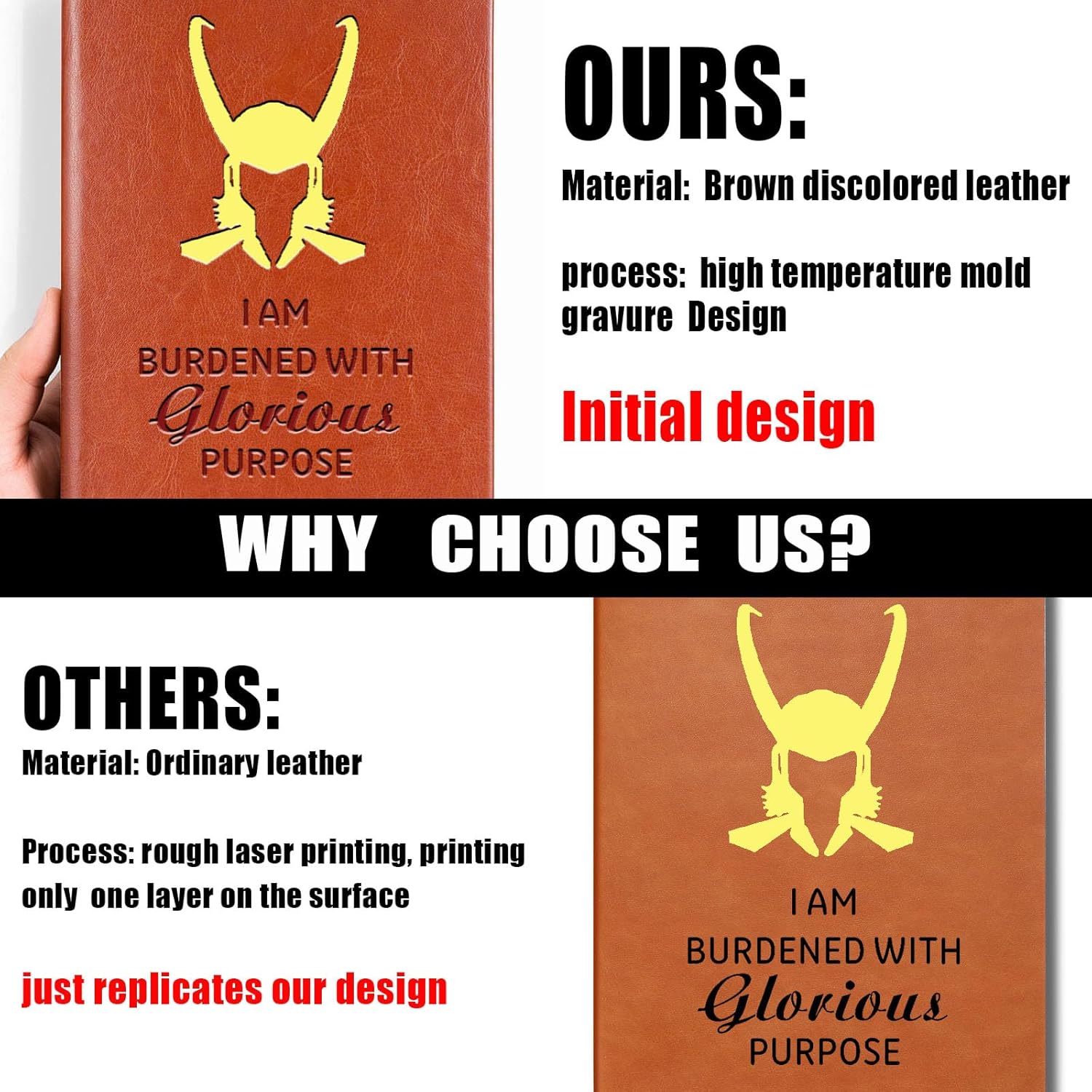 Loki – Cuaderno de cuero con texto en inglés “I Am Burdened With Glorious Purpose Leather Boodened With Glorious Purpose (loki + dorado)