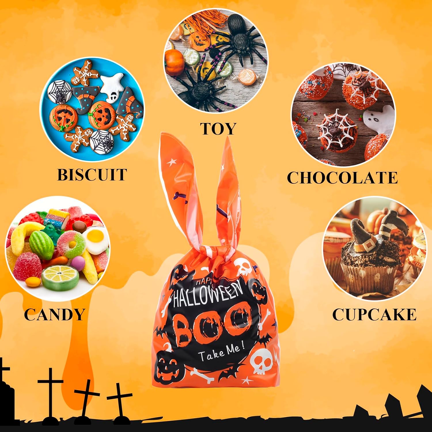 idolpack Bolsas de dulces de Halloween, bolsas de dulce o truco, bolsas de regalo, bonitas bolsas de plástico para regalo de galletas, dulces,