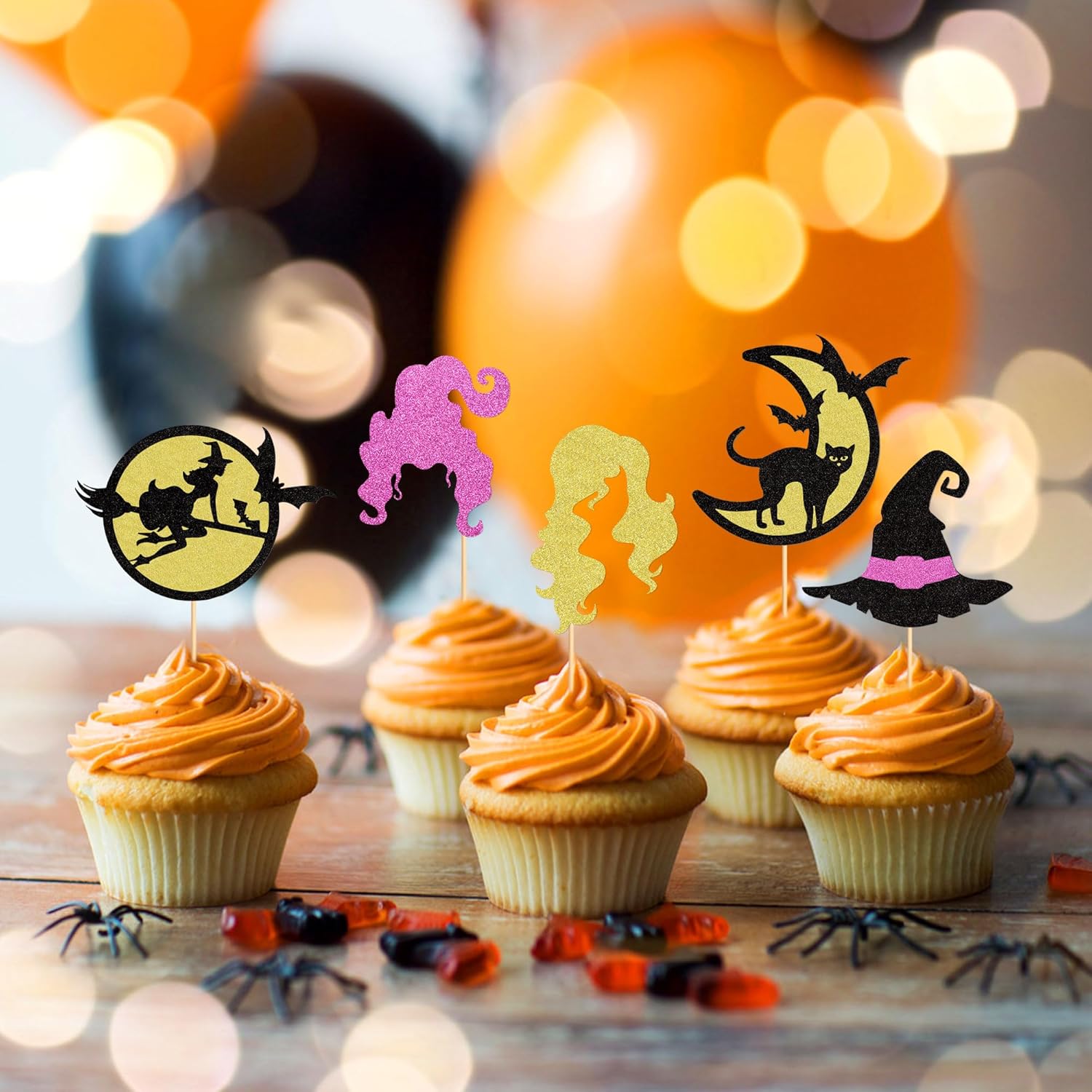 Ercadio Paquete de 24 adornos para cupcakes de Halloween Hocus Pocus, con brillantina, para cabello de bruja, carrito de pelo de bruja, decoraciones