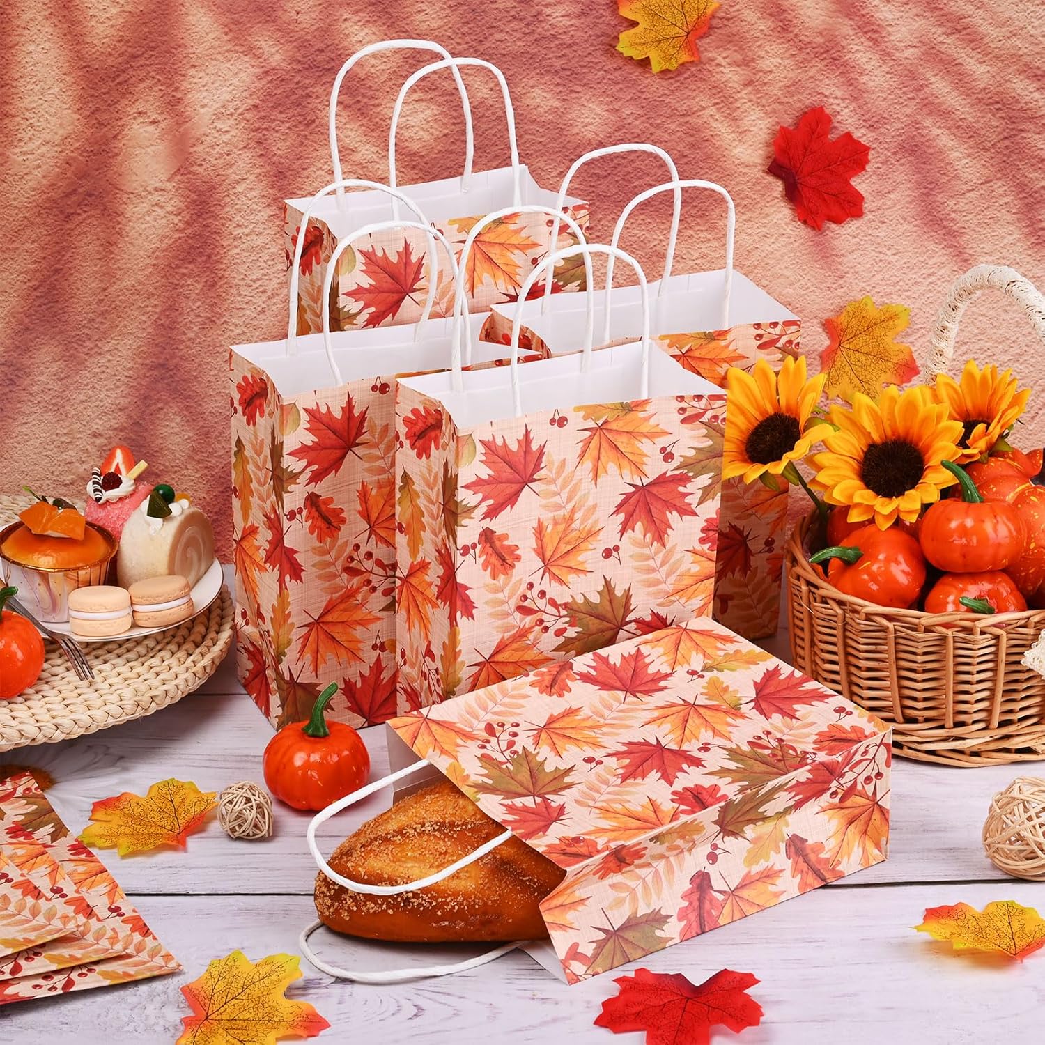 16 bolsas de fiesta de hojas de otoño, bolsas de regalo de otoño, bolsas de papel, elementos de diseño, bolsas de regalo con asas para fiestas de
