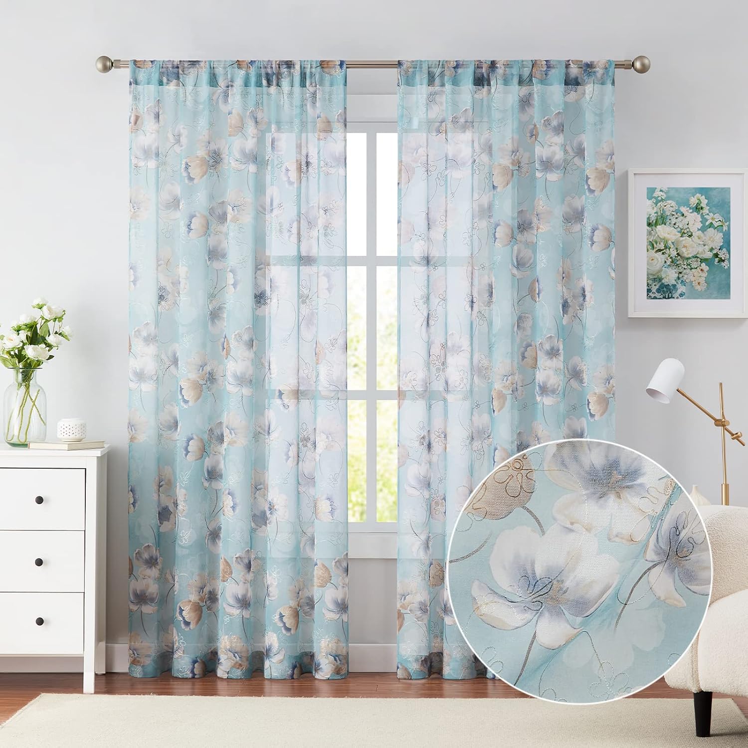 Melodieux Cortina transparente con estampado de hilo dorado con bordado de flores verde azulado para sala de estar, dormitorio, granja con bolsillo