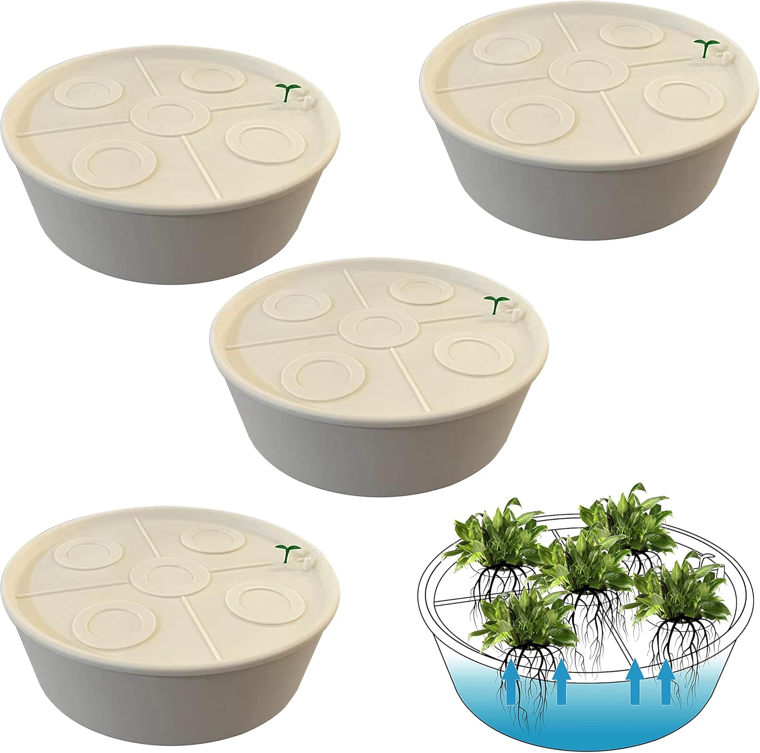 LYLEE Sistema de riego automático para plantas en maceta, paquete de 4 unidades, succión automática redonda blanca con sensor de humedad, maceta