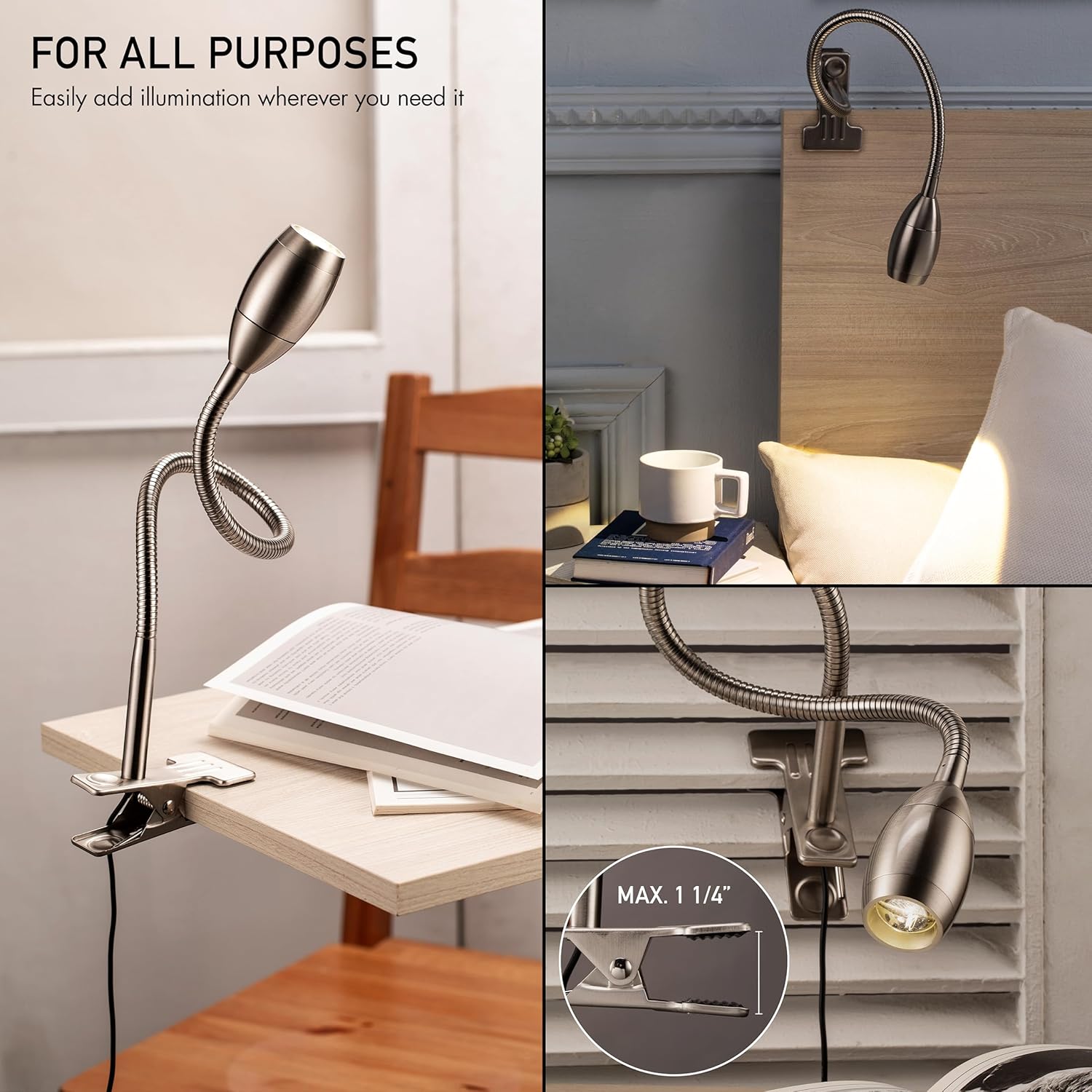 O’Bright Lumos – Lámpara versátil con clip foco zoomable, LED regulable, cuello de cisne flexible, luz de 4000 K, abrazadera 100% metálica, ideal