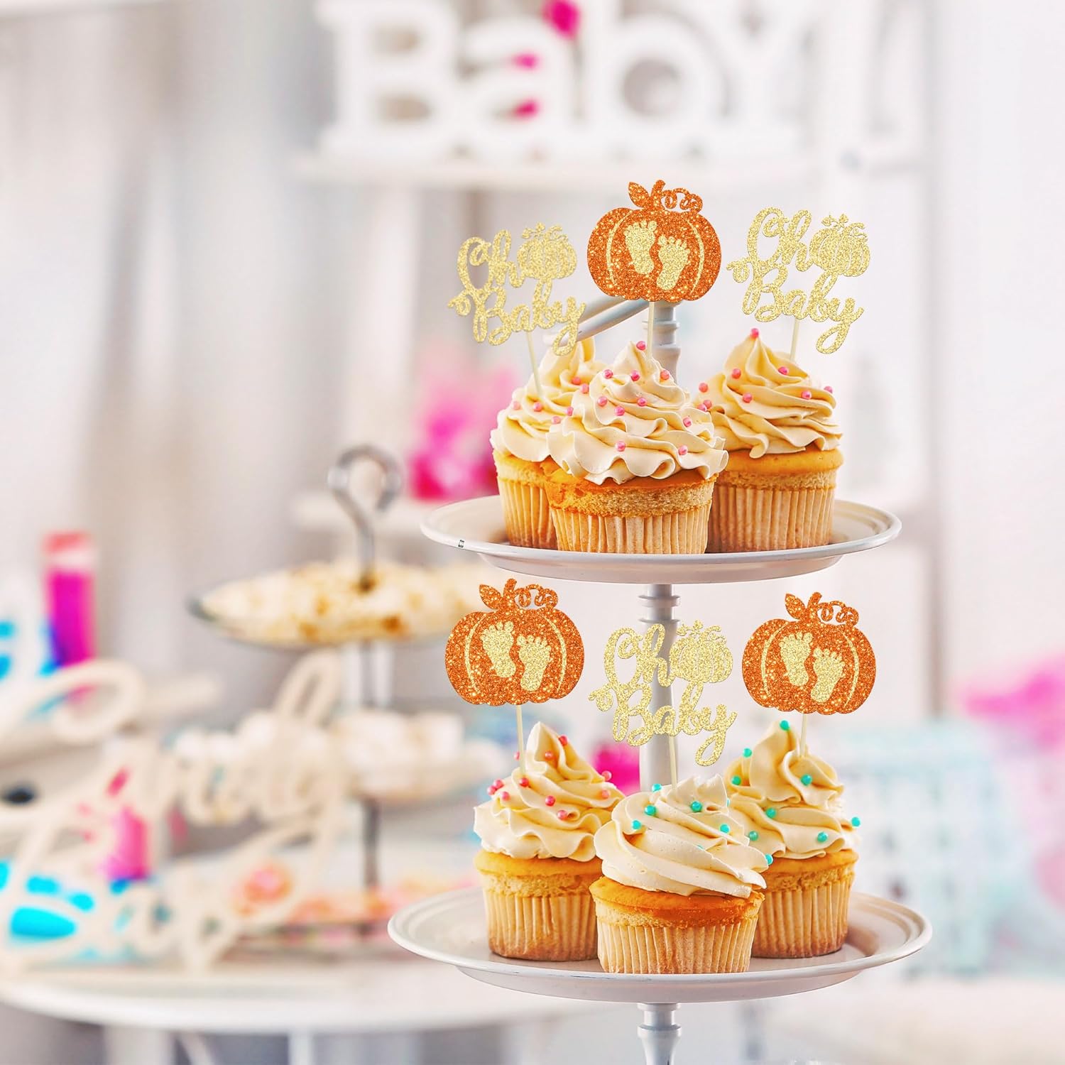 24 piezas de calabaza Oh Baby Cupcake Toppers con purpurina para pies de bebé, calabaza para cupcakes temáticos de otoño, baby shower, fiesta de