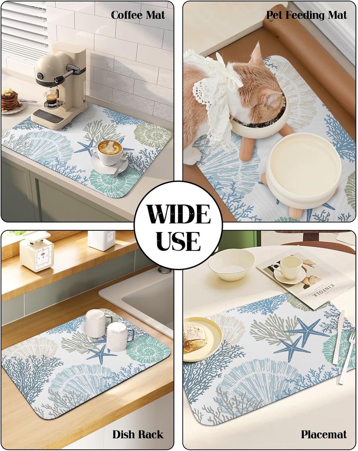 Hokiten Tapete de secado de platos costero para encimera de cocina, tapete absorbente de café y escurridor de platos, tapete de secado rápido con