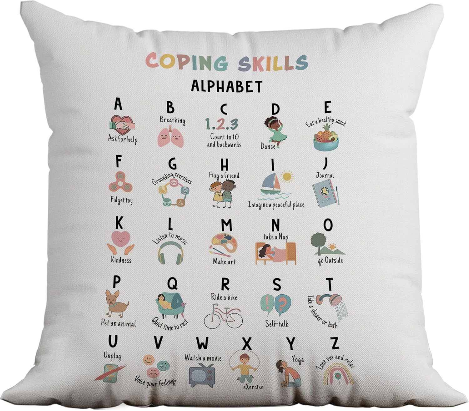 Coping Skills ABC – Fundas de almohada de 18 x 18 pulgadas, decoración de salud mental, fundas de almohada de oficina de asesoramiento, decoración
