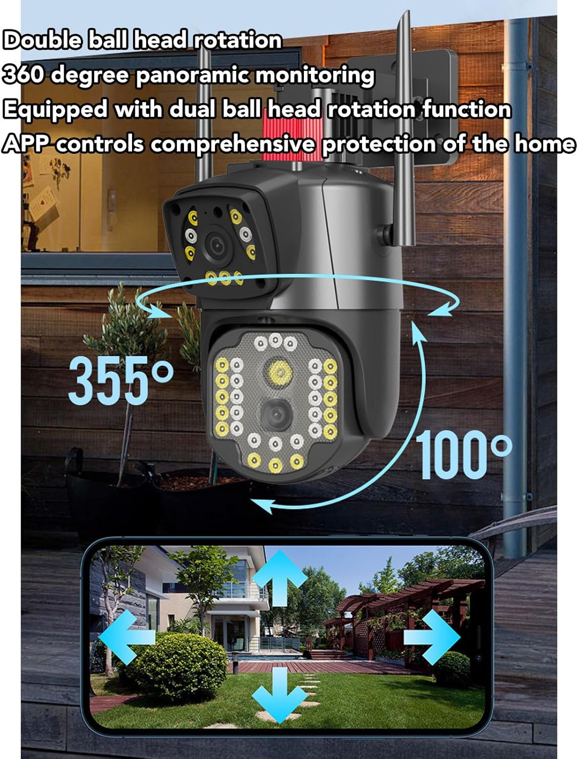 Cámara de seguridad de doble lente al aire libre, 360 grados giratoria 1080P impermeable cámara de seguridad al aire libre para estanque de peces