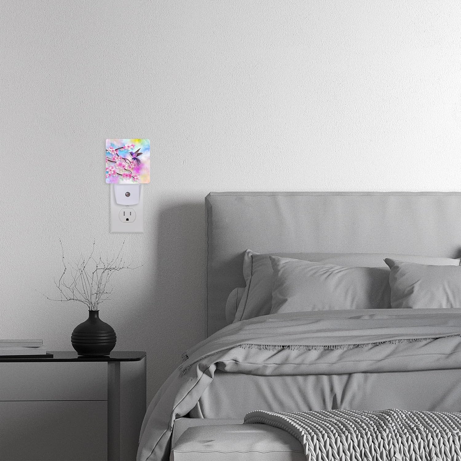 Luz nocturna con diseño de cerezo, colibrí, luces nocturnas enchufables a la pared para dormitorio de niños y niñas, luz nocturna decorativa media